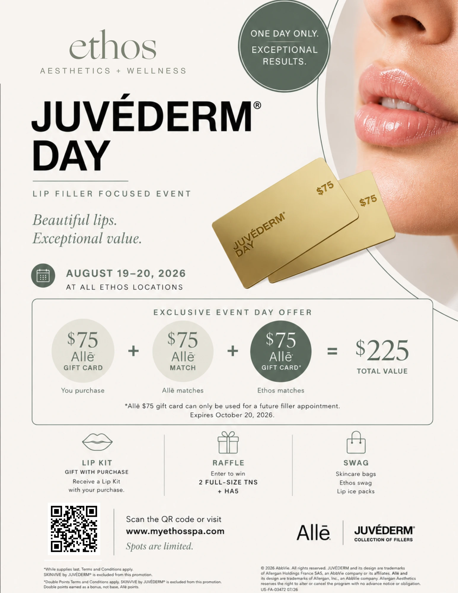 Juvéderm Day at Ethos — lip filler focused event, August 19–20, 2026
