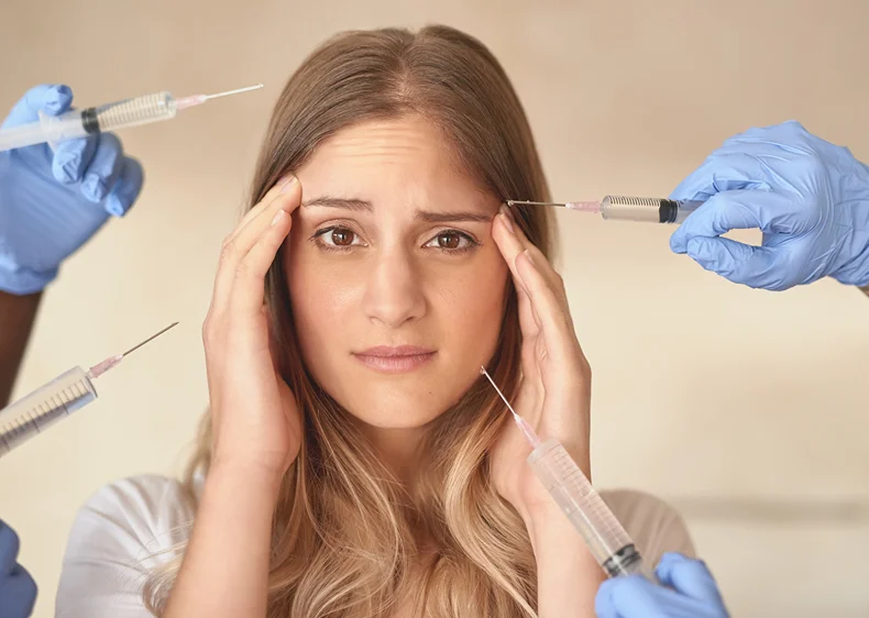 A woman holding her temples and with hands holding syringes around her head.